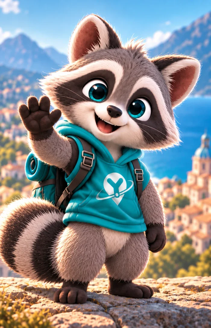 Yupi, Youtopia's travelling raccoon, waving